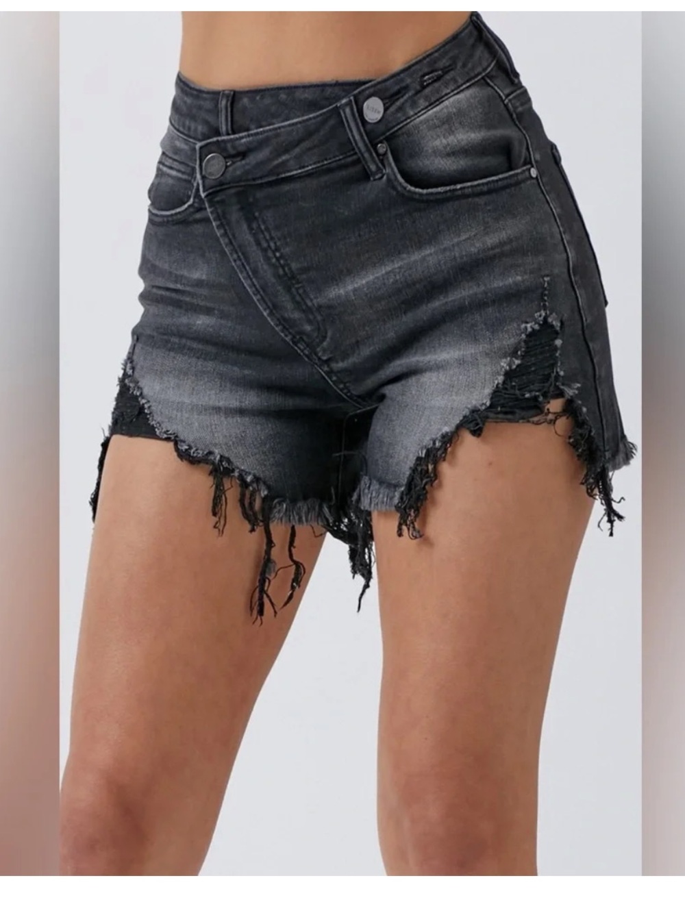 Risen High-Rise Black Distressed Denim Shorts with Frayed Hem